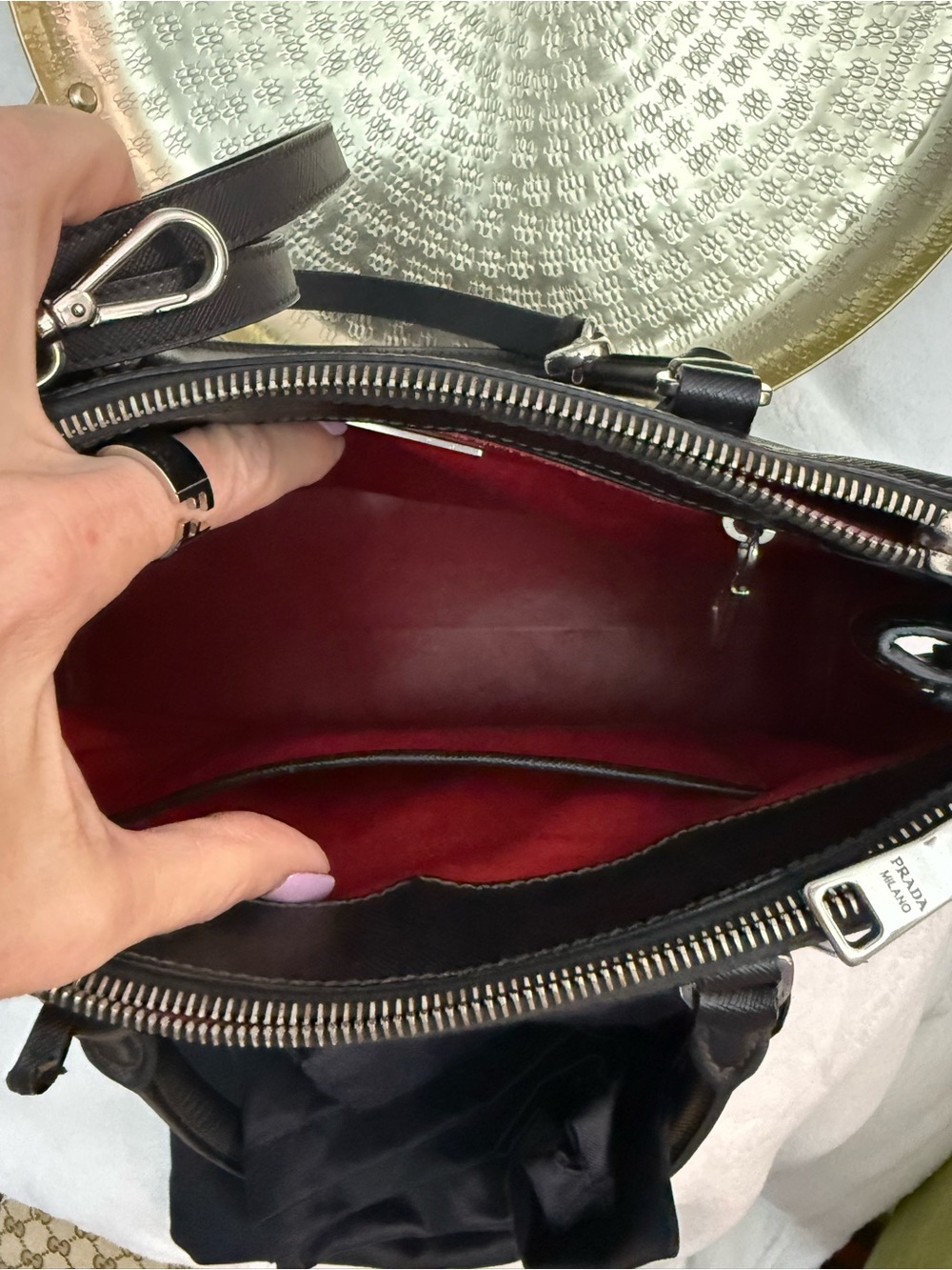Prada Black Saffiano Leather Satchel with Silver-Tone Logo - Picture 3 of 6